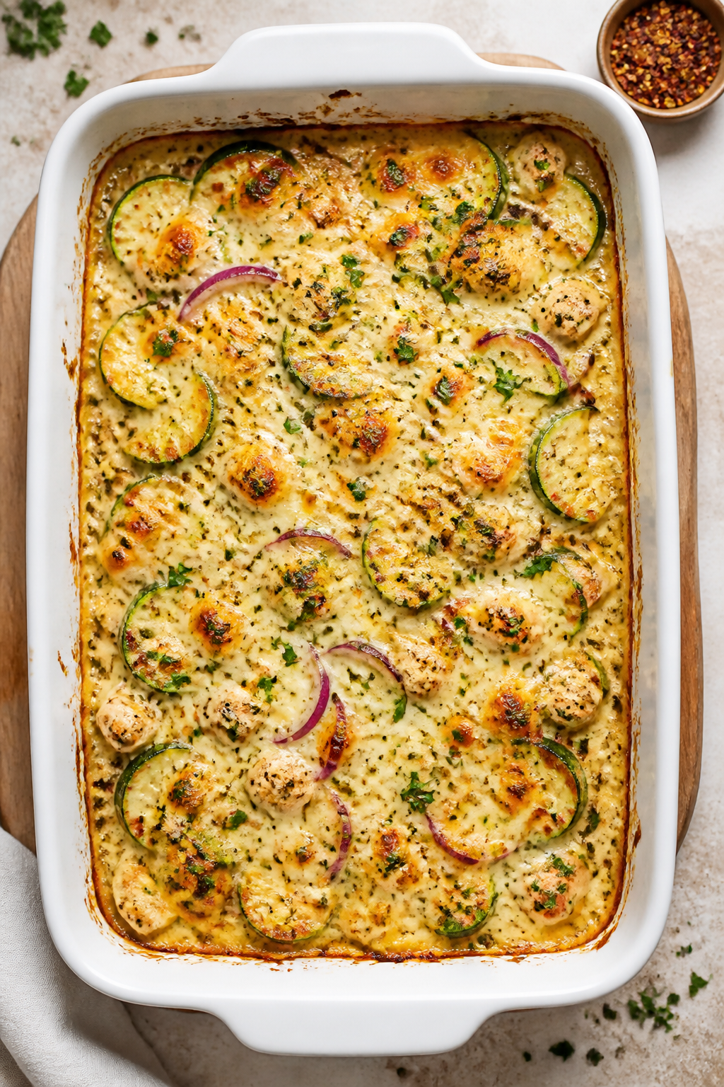 Overhead shot of the High Protein Chicken Zucchini Bake just out of the oven in a 9x13 white ceramic