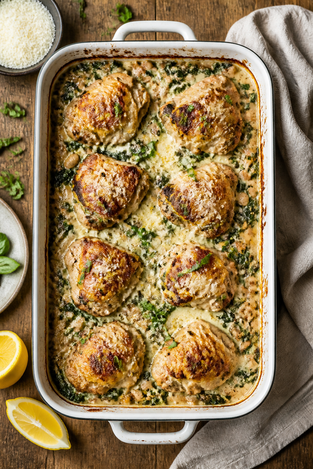 Overhead tasty top-view: 9x13 baking dish just out of the oven with High Protein Tuscan Chicken Cass
