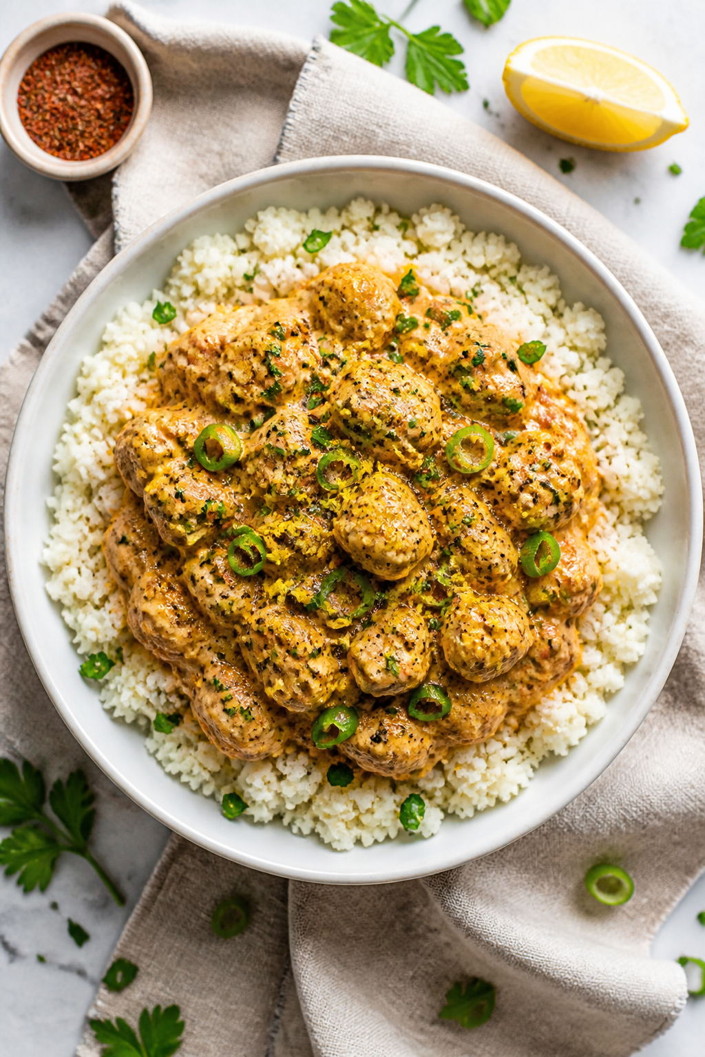 Overhead “tasty top view”: Creamy Cajun Chicken spooned over fluffy cauliflower rice in a wide,