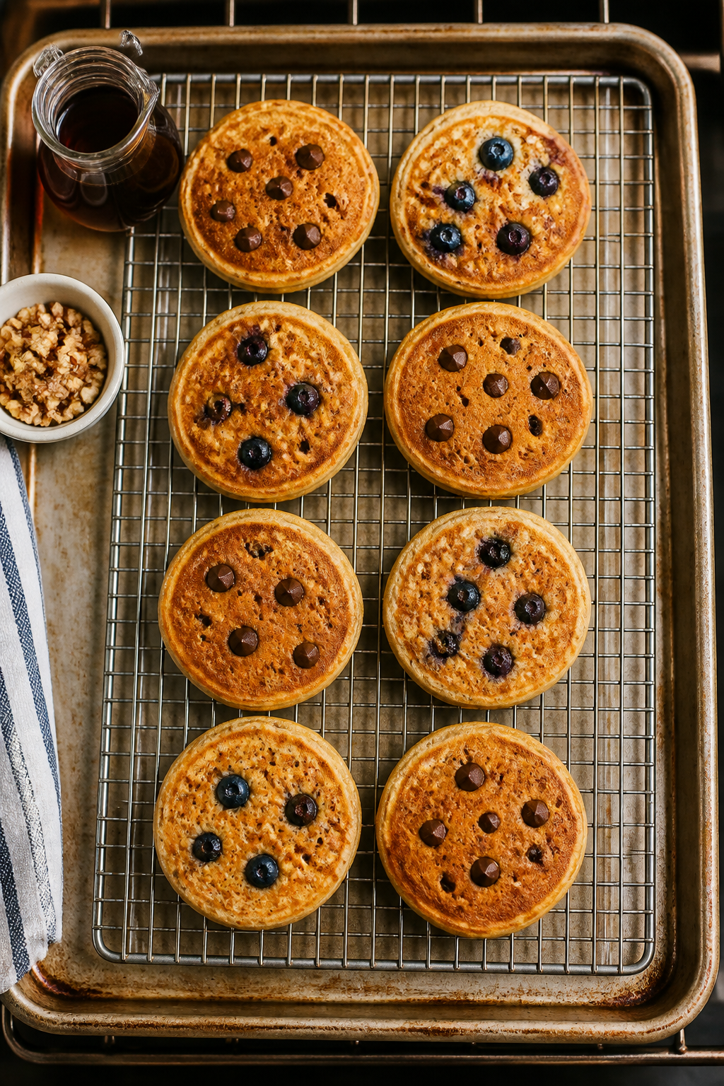 Overhead “tasty top view”: Eight mini protein pancakes (1/4-cup size) arranged on a wire rack se