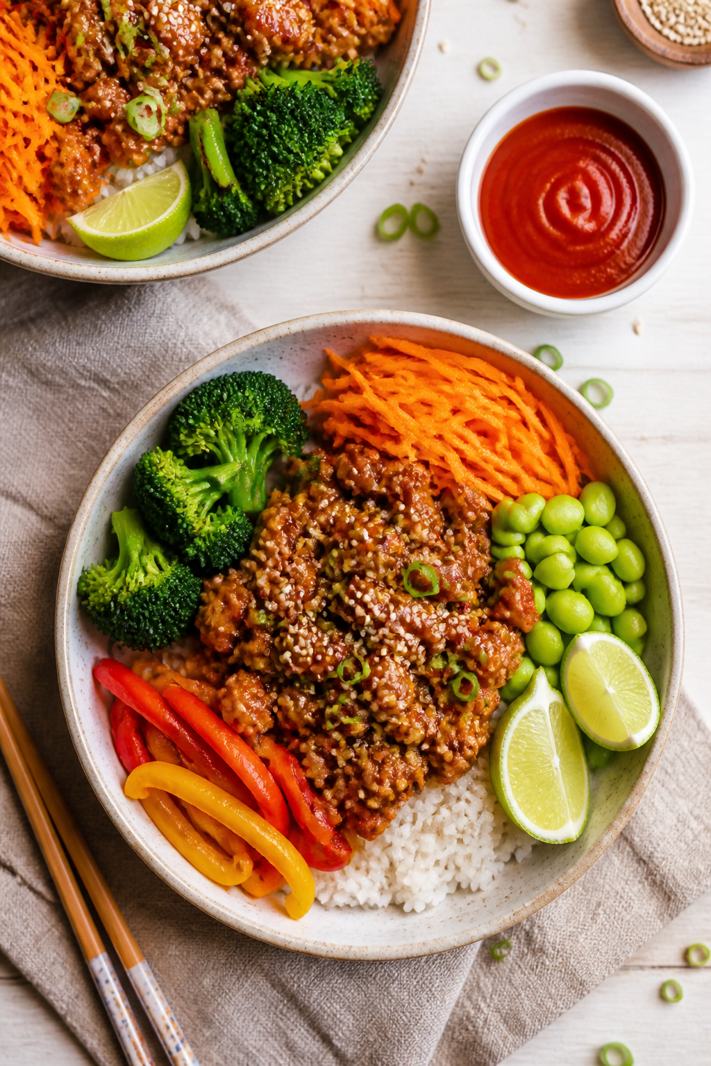 Overhead “tasty top view”: Ground Turkey Teriyaki Bowls neatly composed over fluffy white rice i