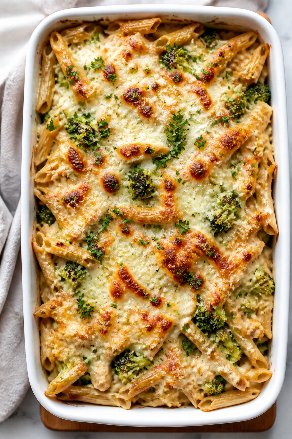 Overhead, tasty top view: High Protein Chicken Alfredo Casserole just out of the oven in a 9x13 whit