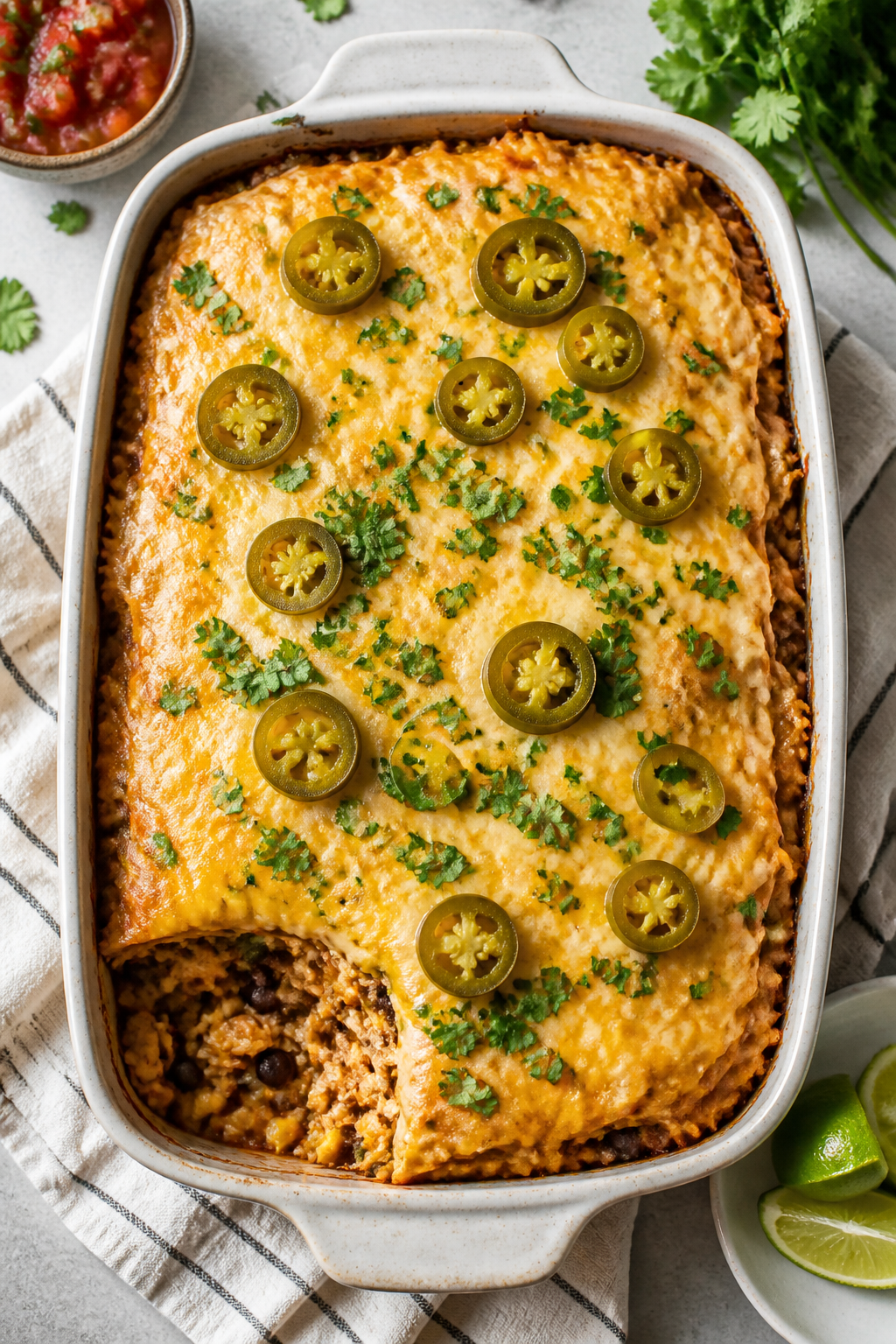 Overhead tasty top view: Layered Healthy Chicken Burrito Casserole just out of the oven in a 9x13 di