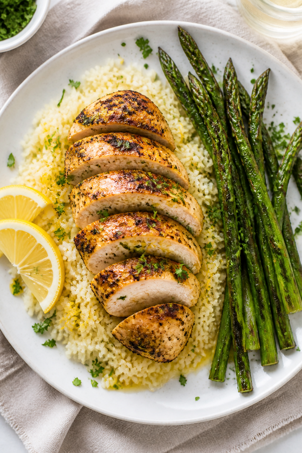 Overhead “tasty top view” of a weeknight plate: sliced air fryer lemon herb chicken fanned over
