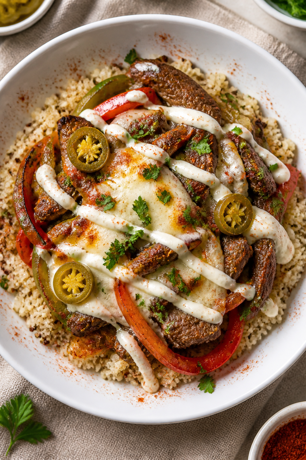 Overhead âtasty top viewâ of assembled High Protein Philly Cheesesteak Bowls: fluffy cauliflower