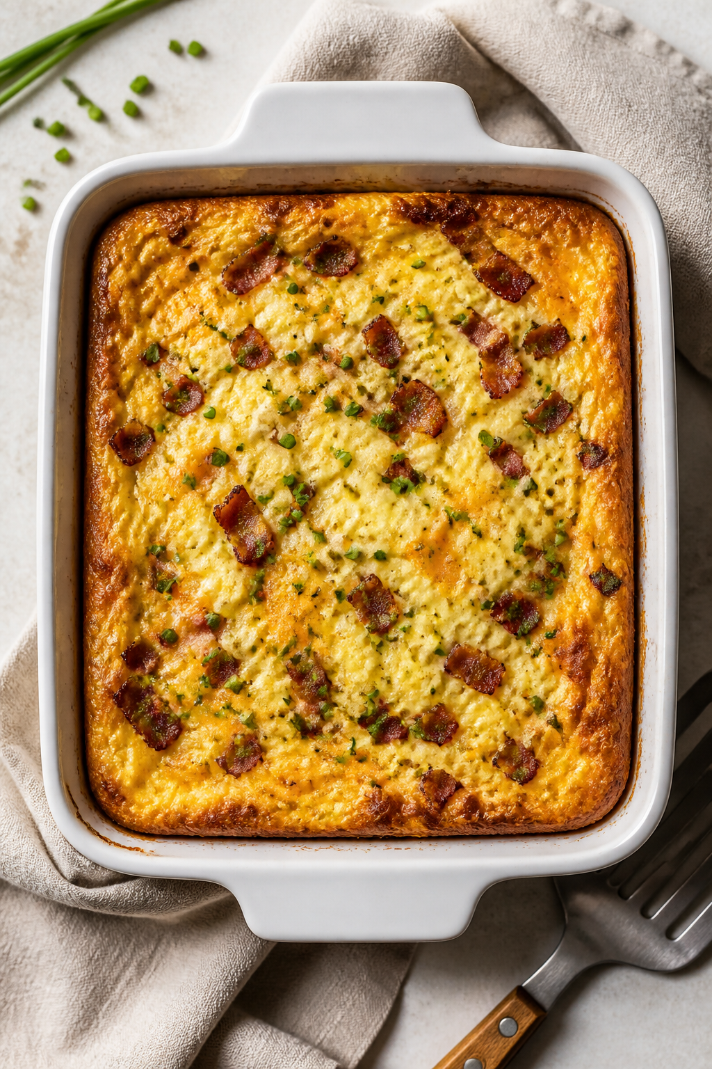 Overhead “tasty top view” of the baked Bacon Egg & Cottage Cheese Bake in a 9x9-inch dish straig