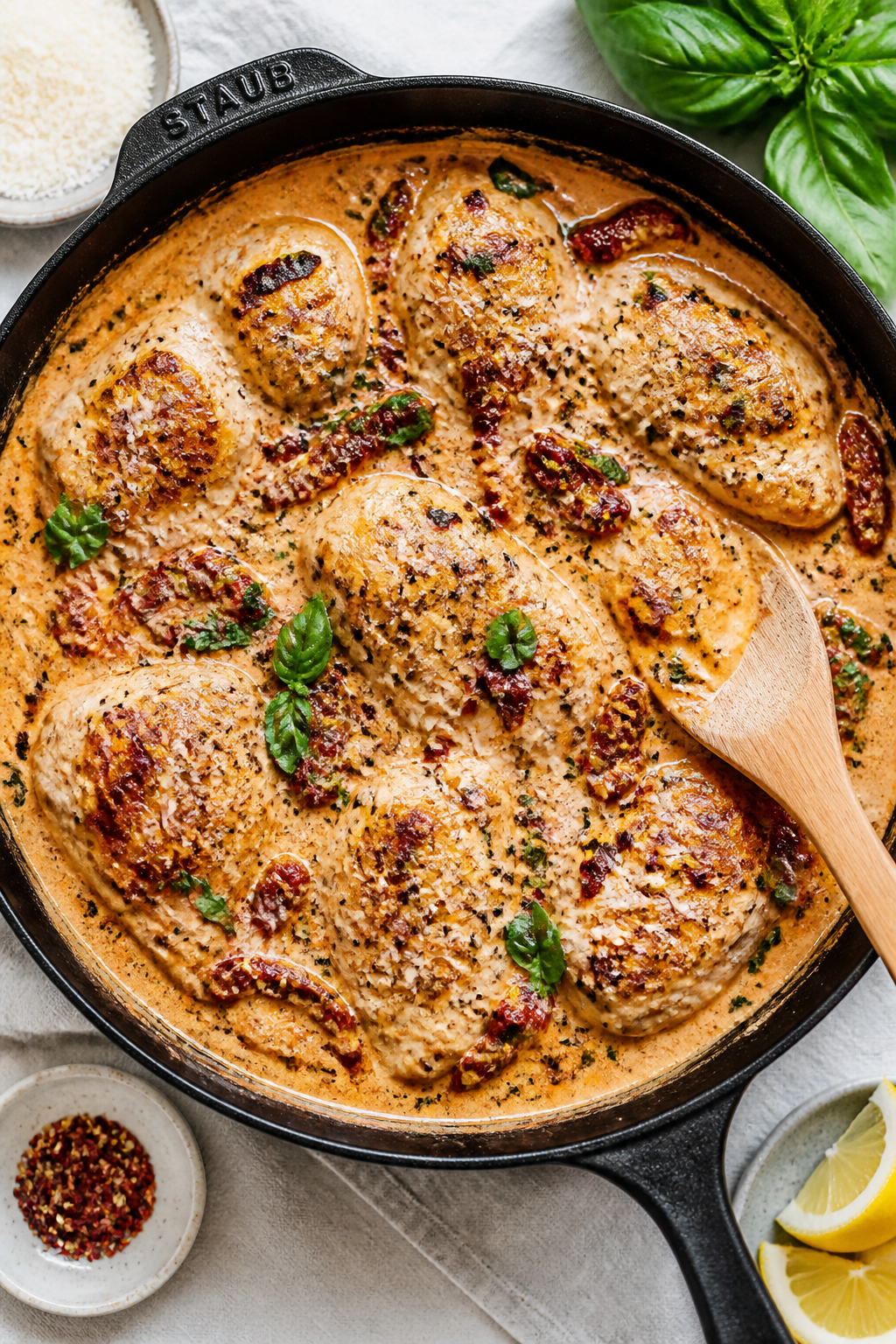 Overhead “tasty top view”: One-pan Keto Marry Me Chicken just finished on the stove, overhead sh