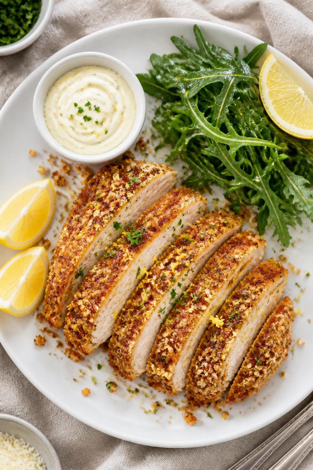 Overhead âtasty top viewâ: sliced Parmesan-crusted chicken cutlets fanned on a matte white plate