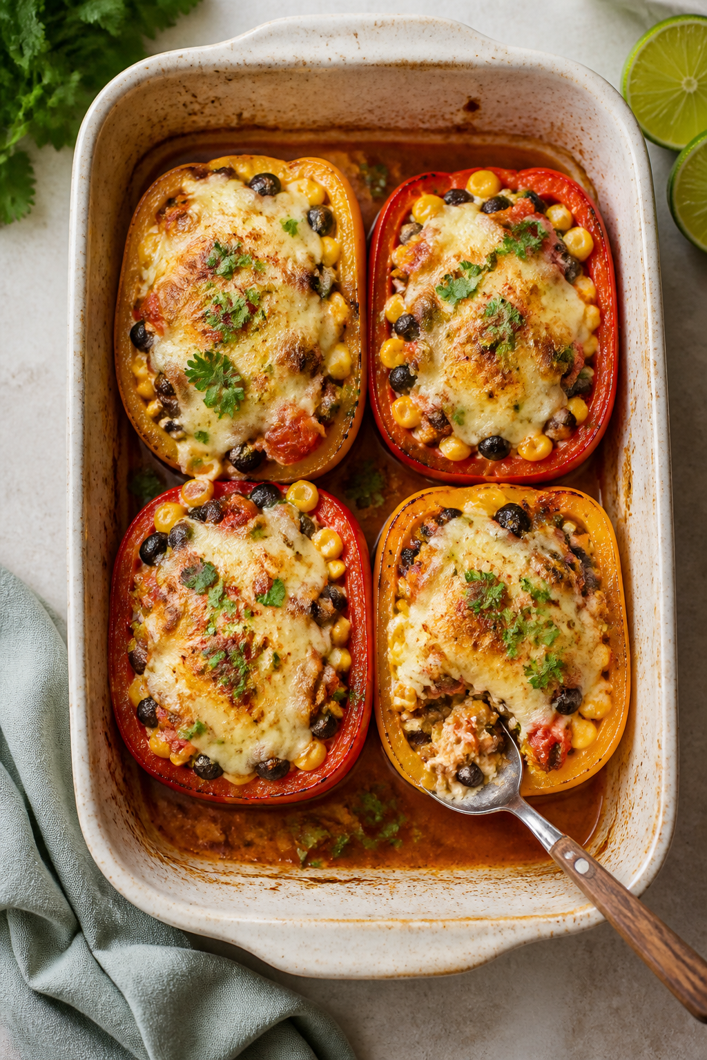 Overhead tasty top view: Top-down shot of four stuffed peppers nestled in a baking dish, showing the