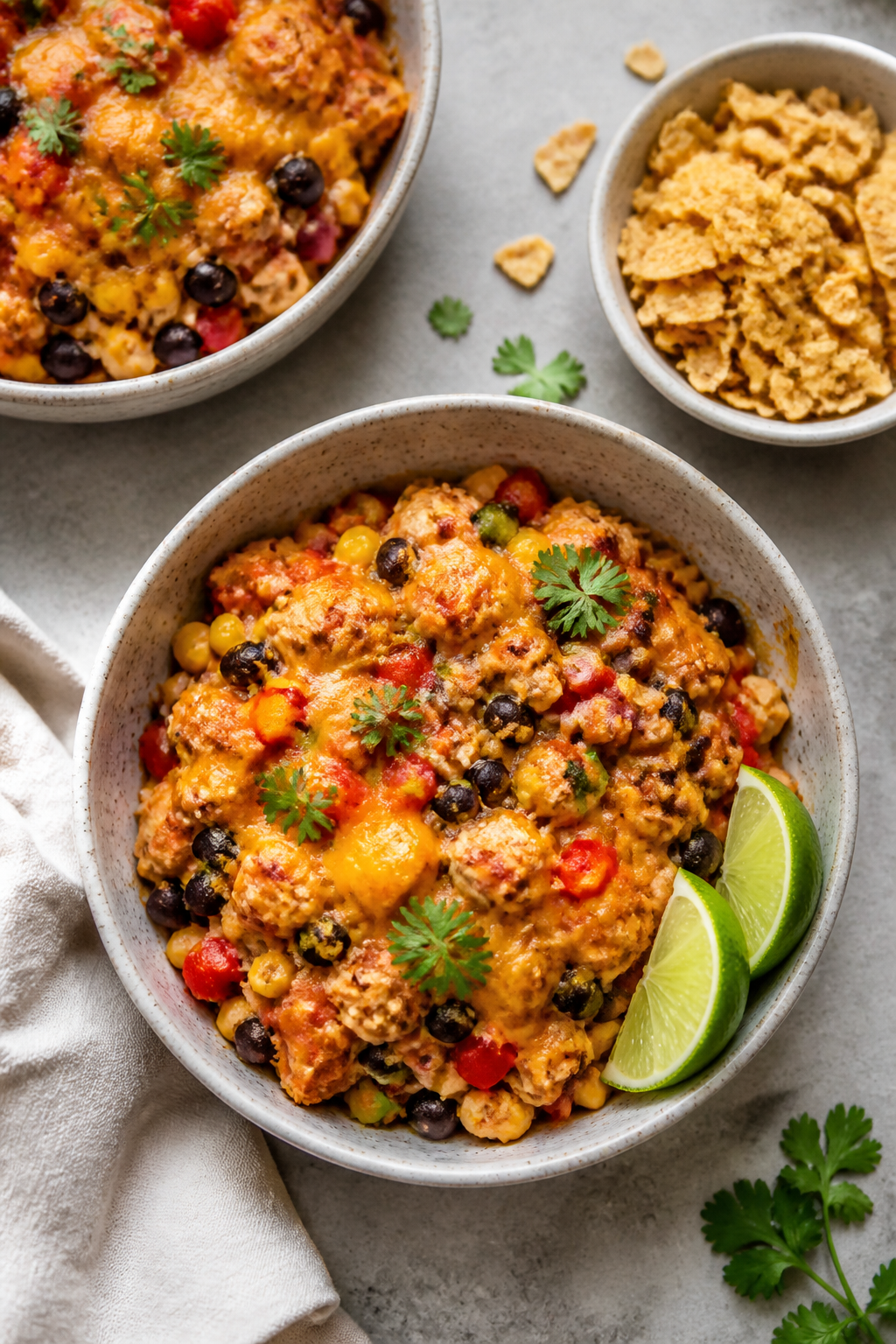 Overhead tasty top view: Top-down shot of the baked High Protein Southwest Chicken Casserole scooped