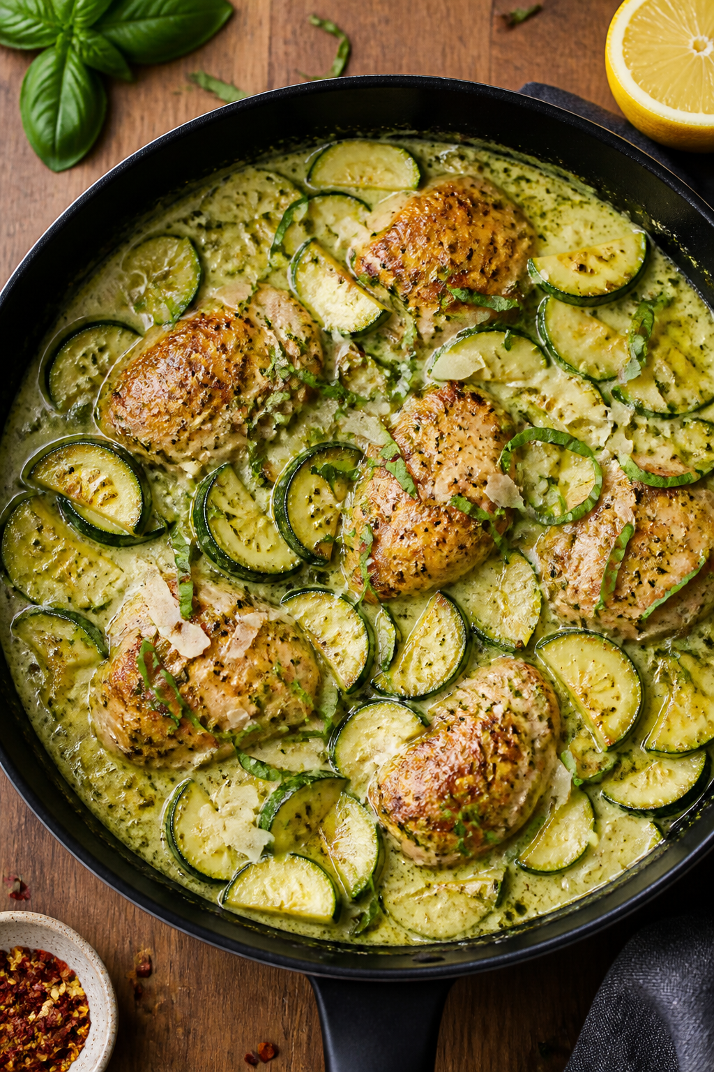 Tasty overhead family-style: Top-down shot of the finished one-pan Creamy Pesto Chicken & Zucchini i