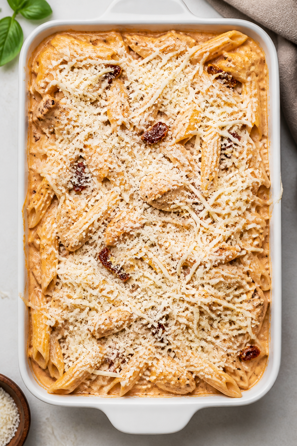 Tasty top view — Assembled casserole before baking: Overhead shot of a 9x13 casserole filled with 