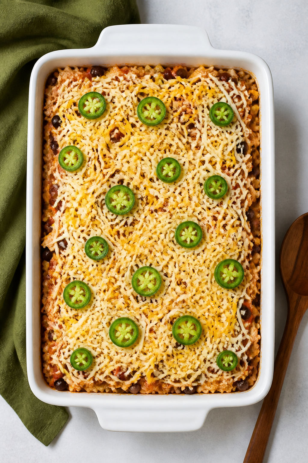 Tasty top view — Assembled casserole before baking: Overhead shot of the 9x13 baking dish filled w