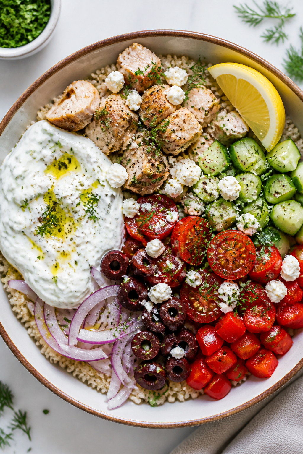 Tasty top view — Assembled High Protein Greek Turkey Bowl: overhead shot of a wide, shallow cerami