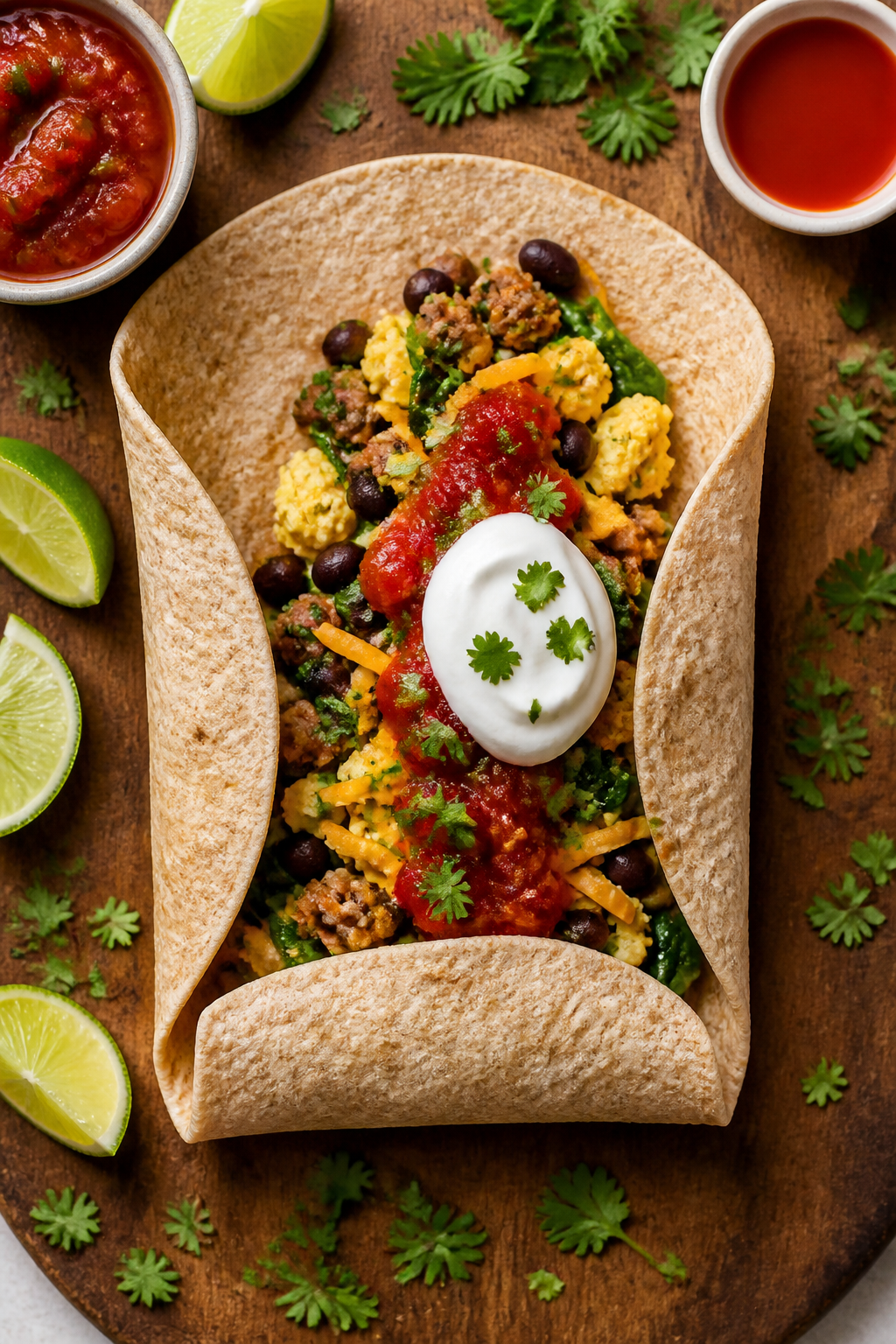 Tasty top view — Assembly and rolling: Overhead shot of a warm whole-wheat tortilla on a board wit