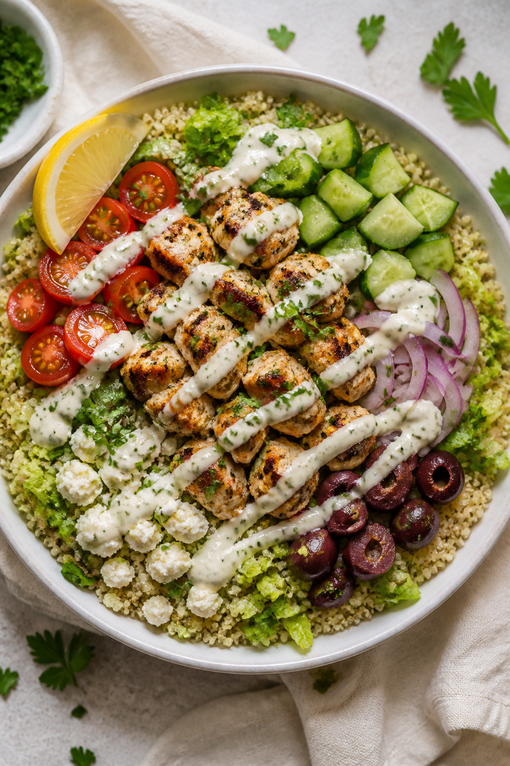 Tasty top view — Build-your-own Mediterranean bowl: Overhead shot of an assembled bowl with fluffy