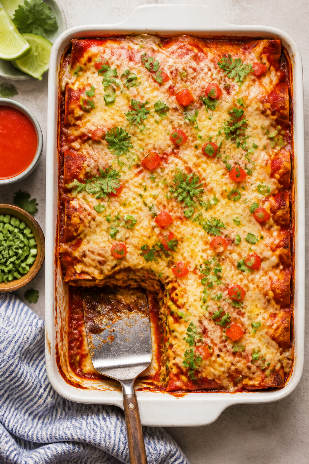 Tasty top view, family-style: Overhead shot of the full baking dish straight from the oven, foil rem