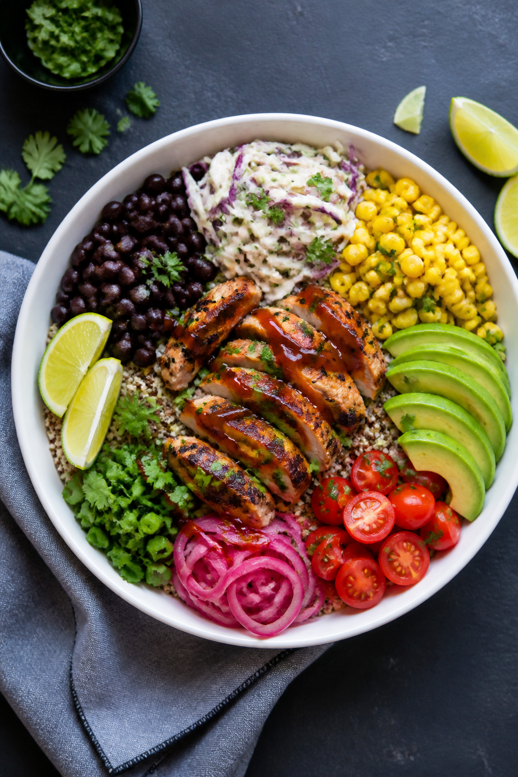 Tasty top view final bowl: Overhead shot of a High Protein BBQ Chicken Bowl arranged in neat section
