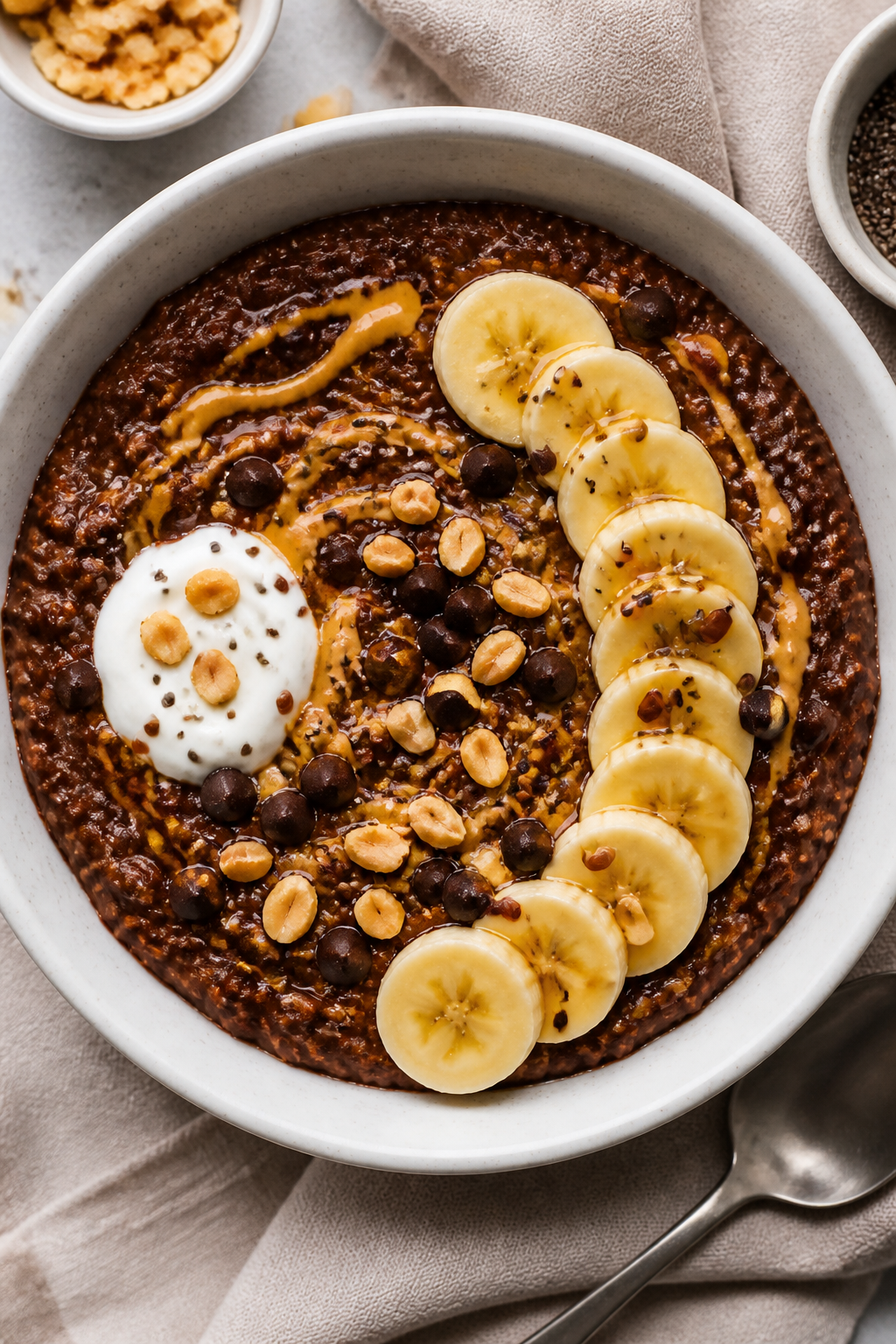 Tasty top view, final bowl: Overhead shot of Chocolate Peanut Butter Protein Oatmeal in a wide white