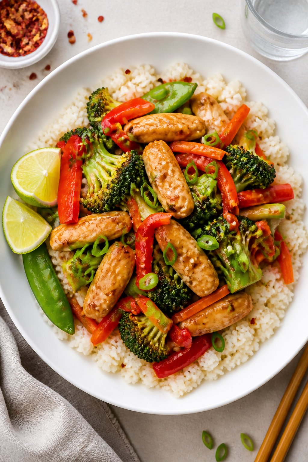 Tasty top view, final dish: Overhead shot of Low Calorie Chicken Stir Fry served over fluffy caulifl