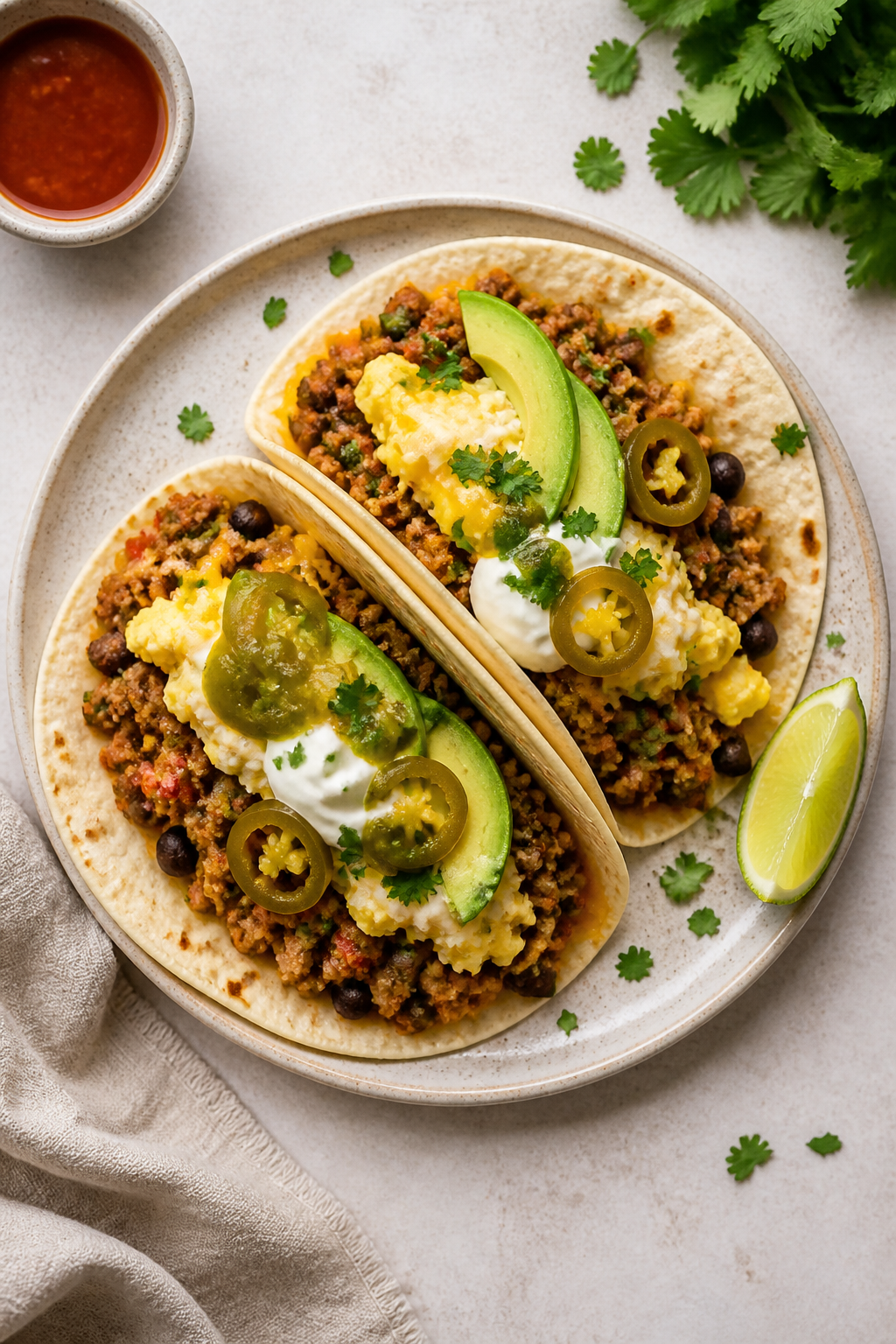 Tasty top view (final dish): Overhead shot of two high-protein breakfast tacos on a matte ceramic pl