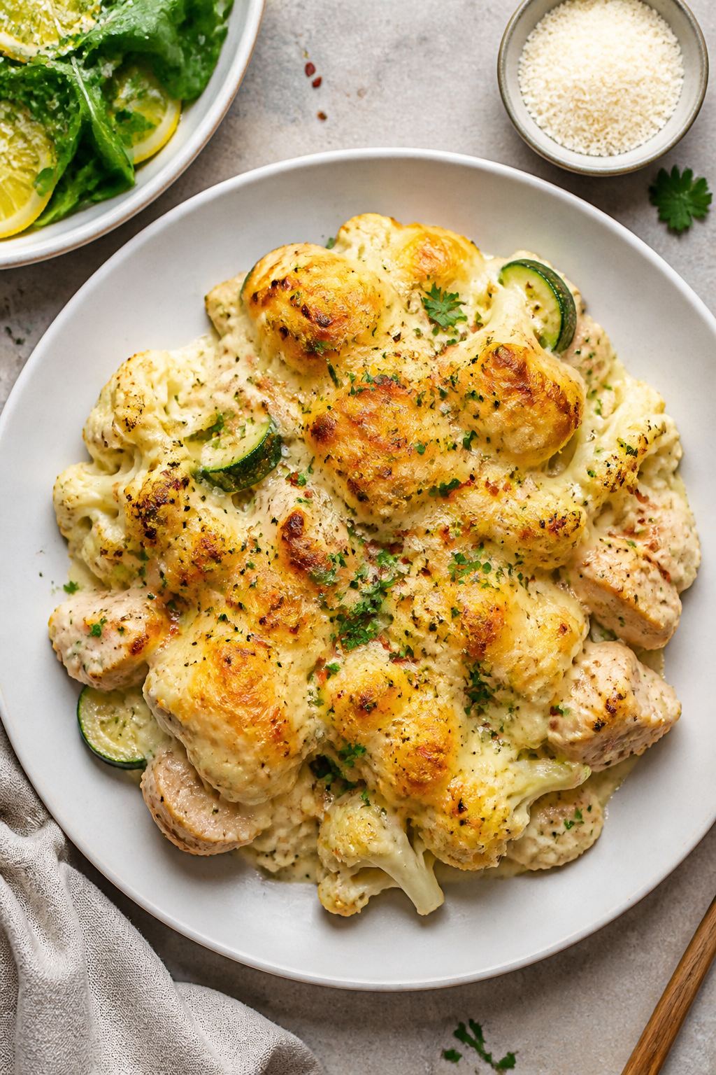 Tasty top view/final plate: Overhead shot of a plated serving of Low Carb Chicken Alfredo Bake on a 