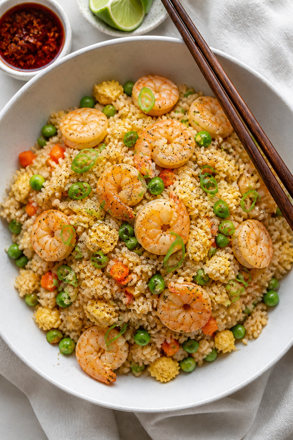 Tasty top view — Final plated dish: Overhead shot of a generous bowl of High Protein Shrimp Fried 