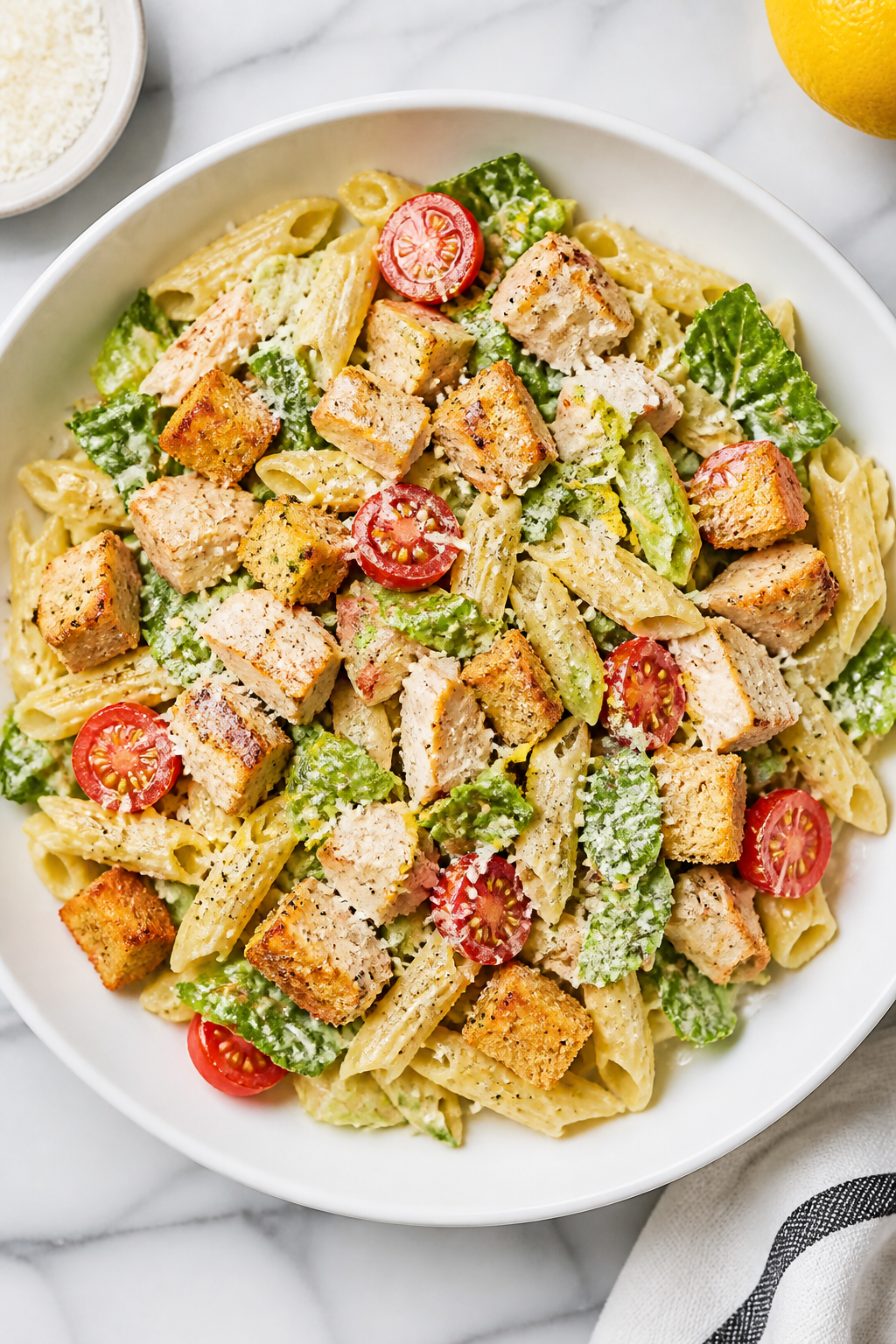 Tasty top view: Final plated High Protein Chicken Caesar Pasta in a wide white bowl, overhead compos