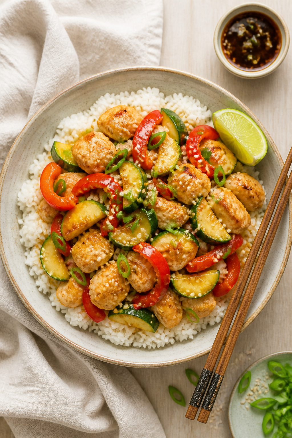 Tasty top view, final plating: Overhead shot of Healthy Chicken Zucchini Stir Fry served over fluffy