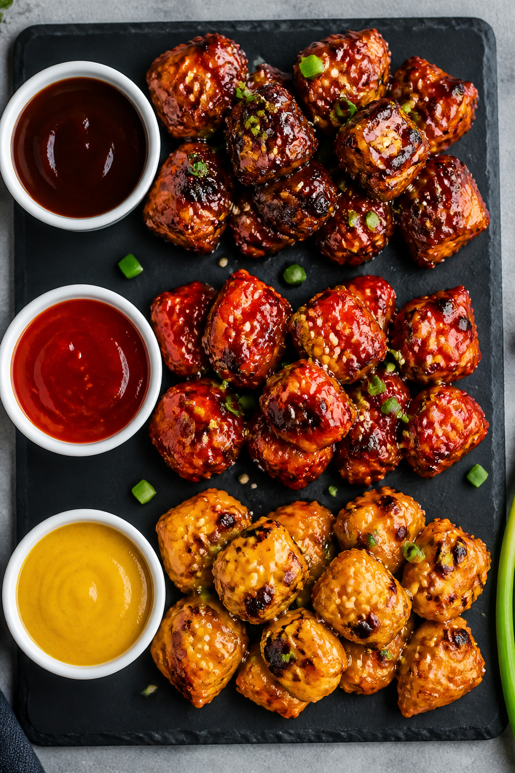 Tasty top view for serving ideas: Overhead shot of BBQ chicken bites arranged on a dark slate platte