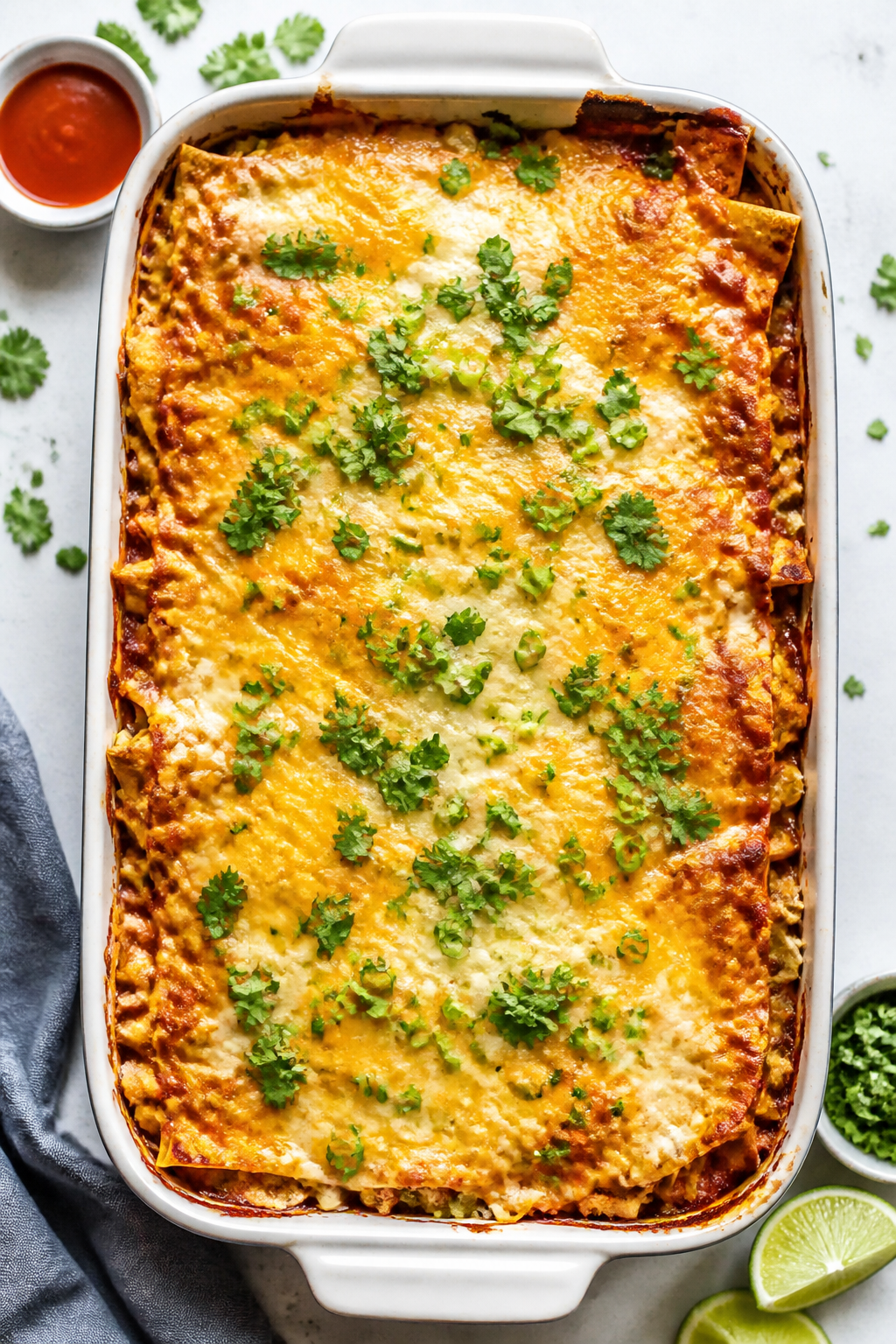 Tasty top view, layered bake: Overhead shot of the assembled casserole in a 9x13 baking dish right a