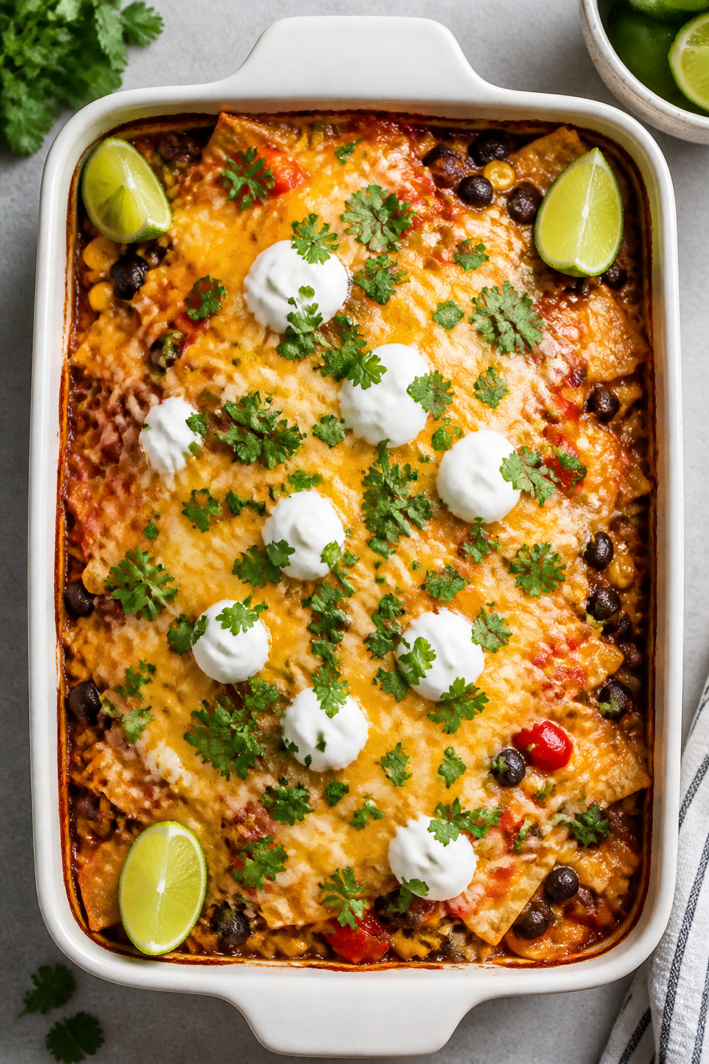 Tasty top view, layered casserole: Overhead shot of the baked Low Calorie Chicken Taco Casserole in 