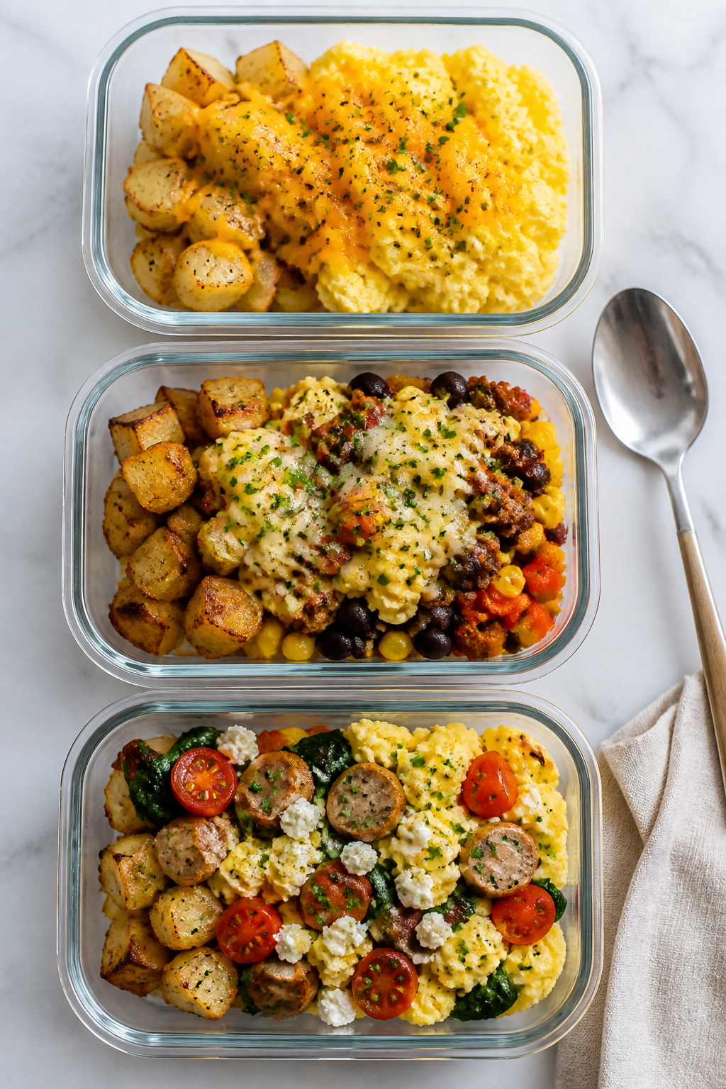 Tasty top view, meal-prep angle: Overhead shot of three meal-prep containers filled with the assembl