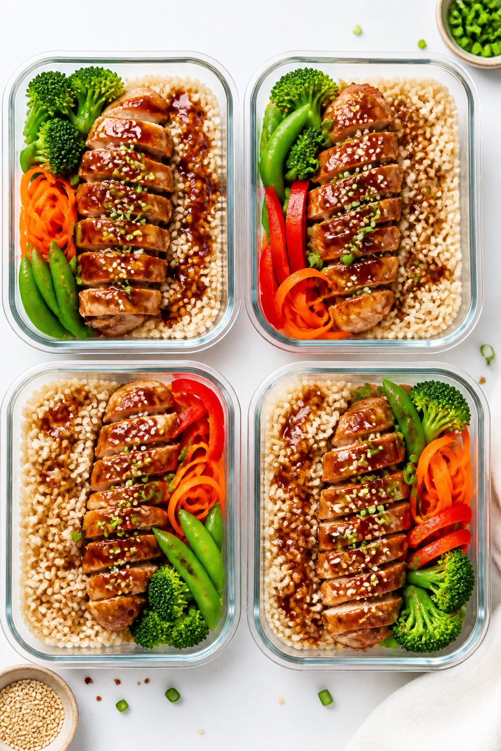 Tasty top view, meal prep assembly: Overhead shot of four neat meal prep containers filled with a ba