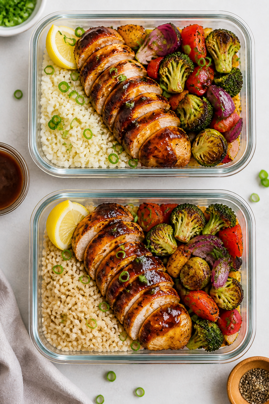 Tasty top view: Meal-prep container assembly overhead—neatly divided cauliflower rice (fluffy, ten