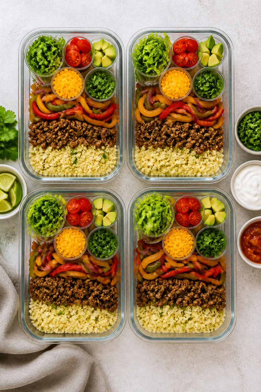 Tasty top view, meal-prep focus: Overhead shot of four low-carb taco meal prep bowls arranged in a g