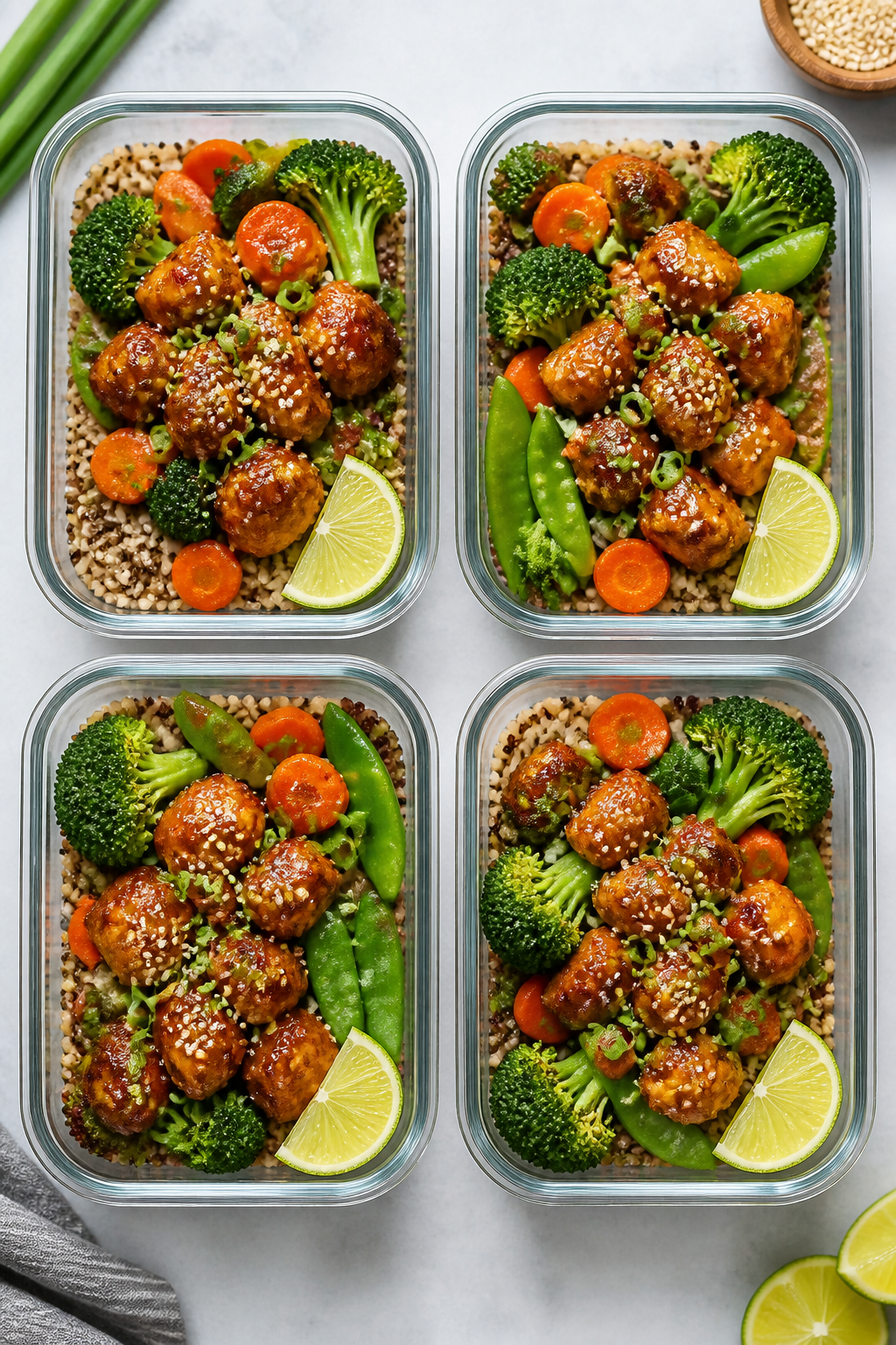 Tasty top view â Meal prep lineup: Overhead shot of four open meal prep containers arranged neatly