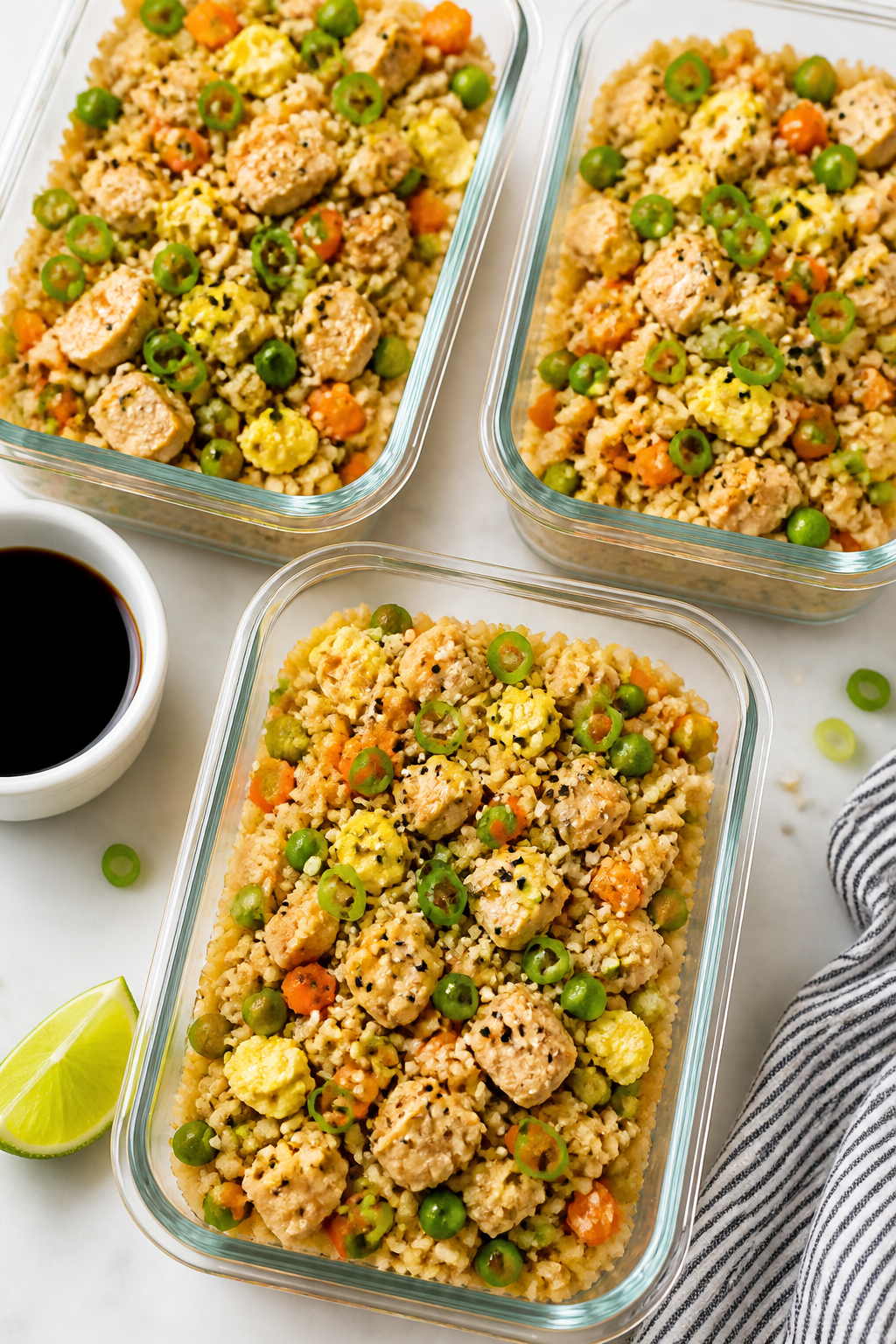Tasty top view, meal-prep style: Overhead shot of Protein Packed Chicken Fried Cauliflower Rice port