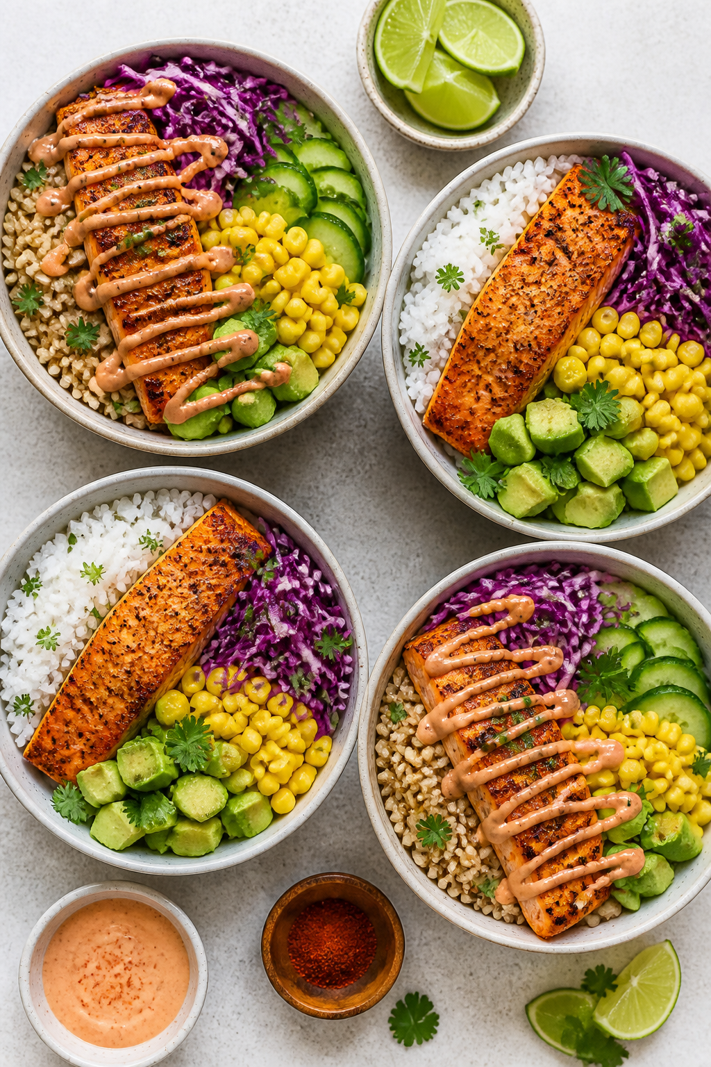 Tasty top view, meal-prep variety: Overhead shot of multiple salmon rice bowls arranged grid-style o