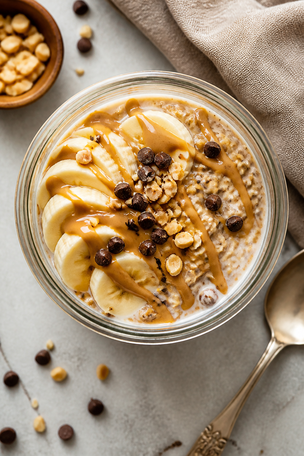 Tasty top view â Morning stir and toppings: Overhead shot of peanut butter protein overnight oats