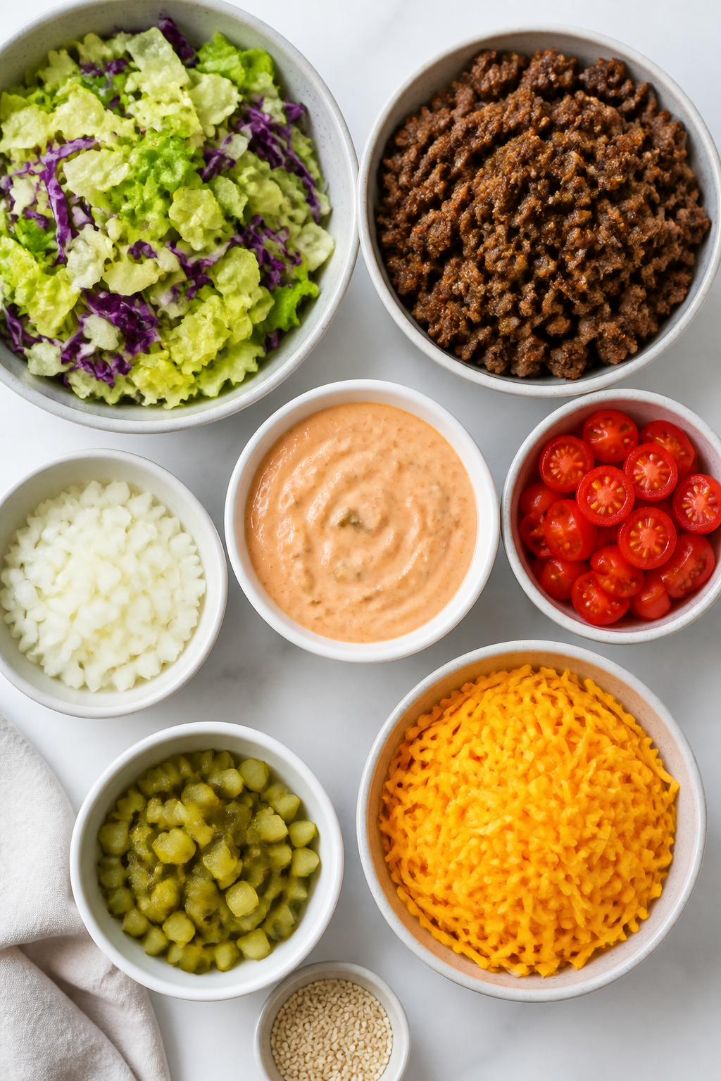 Tasty top view, overhead assembly bar: Overhead shot of a build-your-own High Protein Big Mac Salad 