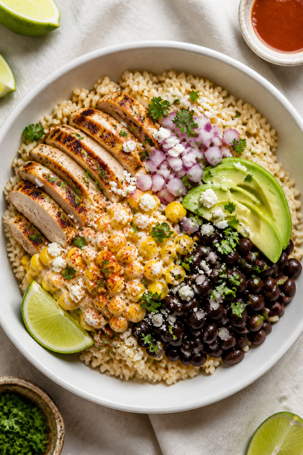 Tasty top view, overhead assembly: Overhead shot of High Protein Street Corn Chicken Bowls mid-assem