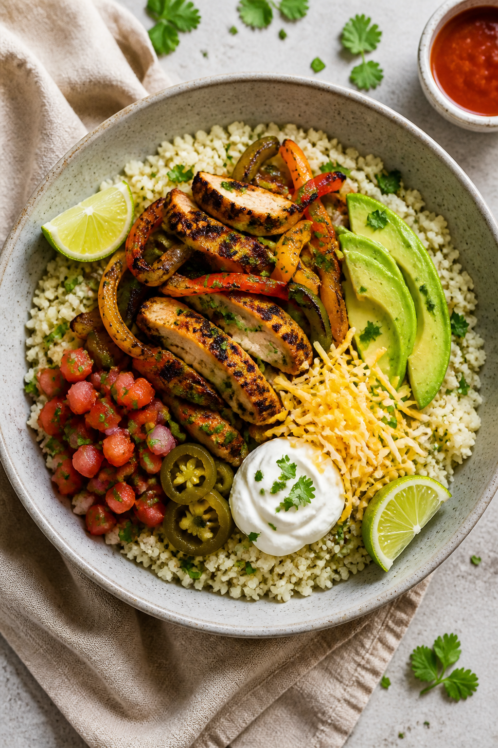 Tasty top view, overhead bowl assembly: Overhead shot of a loaded chicken fajita cauliflower rice bo