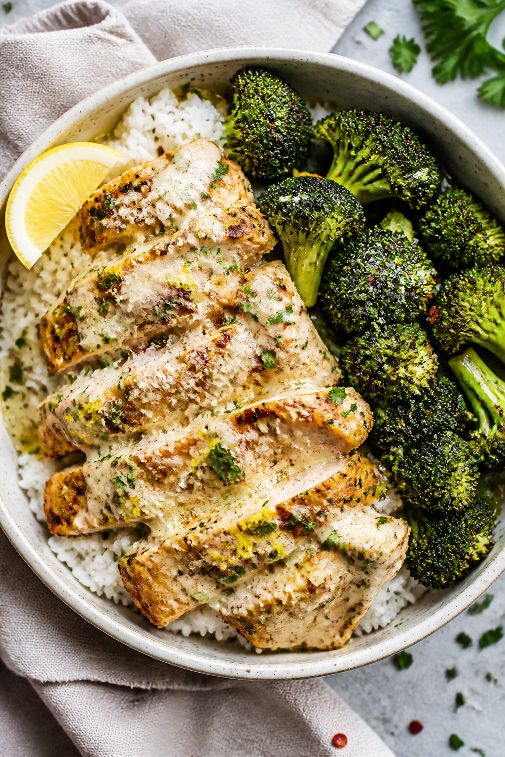Tasty top view, overhead bowl: Overhead shot of Melt In Your Mouth Garlic Chicken Bowls—sliced, te