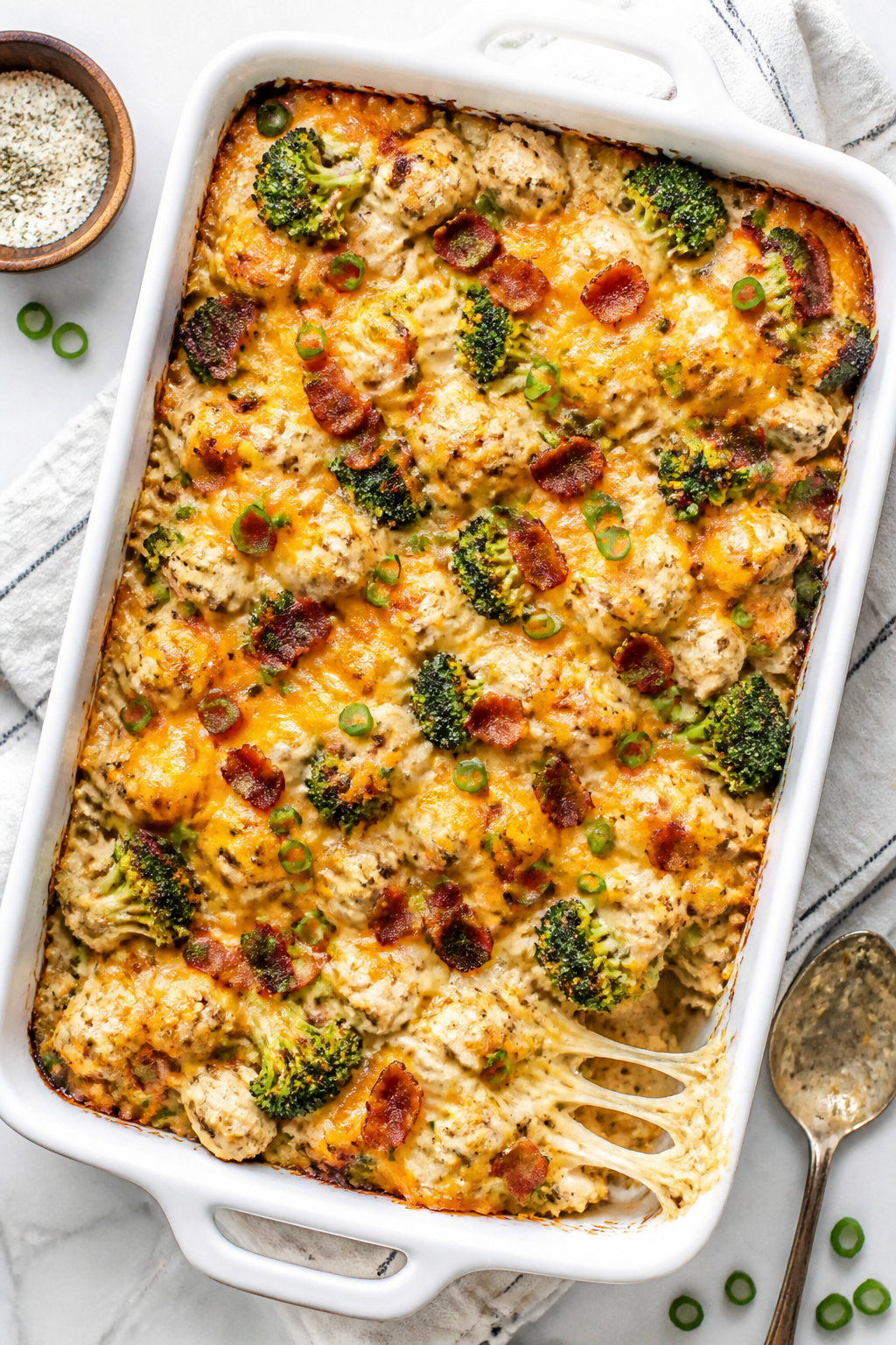 Tasty top view, overhead casserole: Overhead shot of the baked High Protein Bacon Ranch Chicken Cass