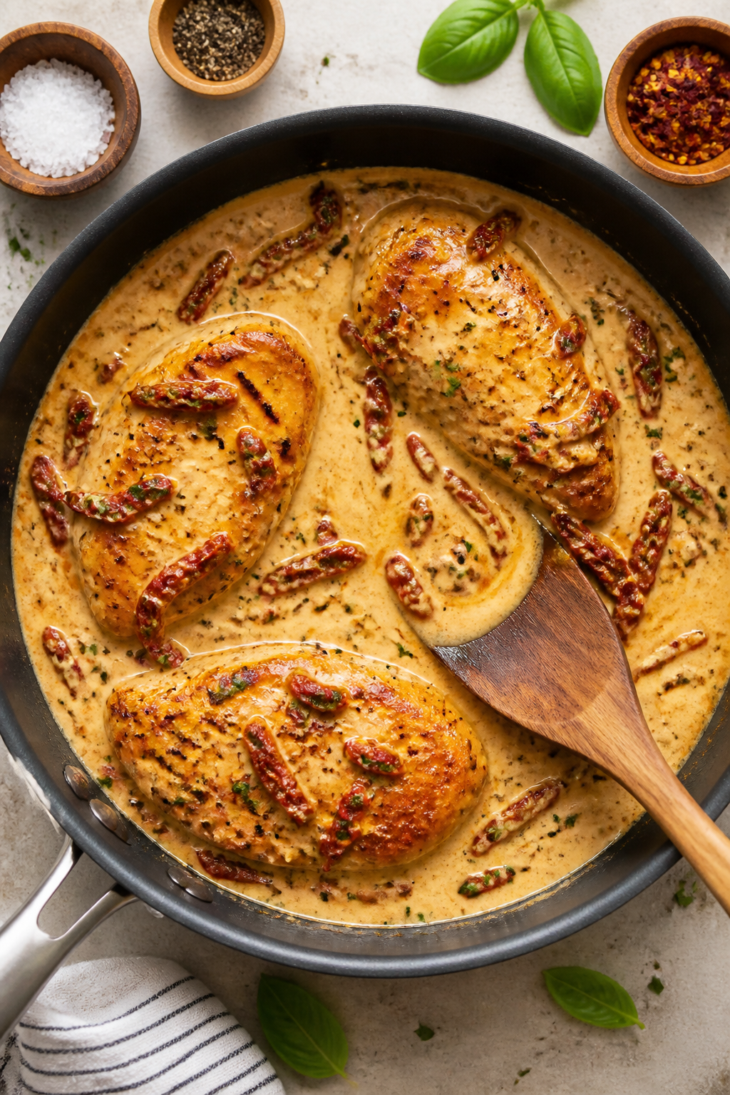 Tasty top view (overhead cooking process): Overhead shot of the skillet just after the sauce comes t