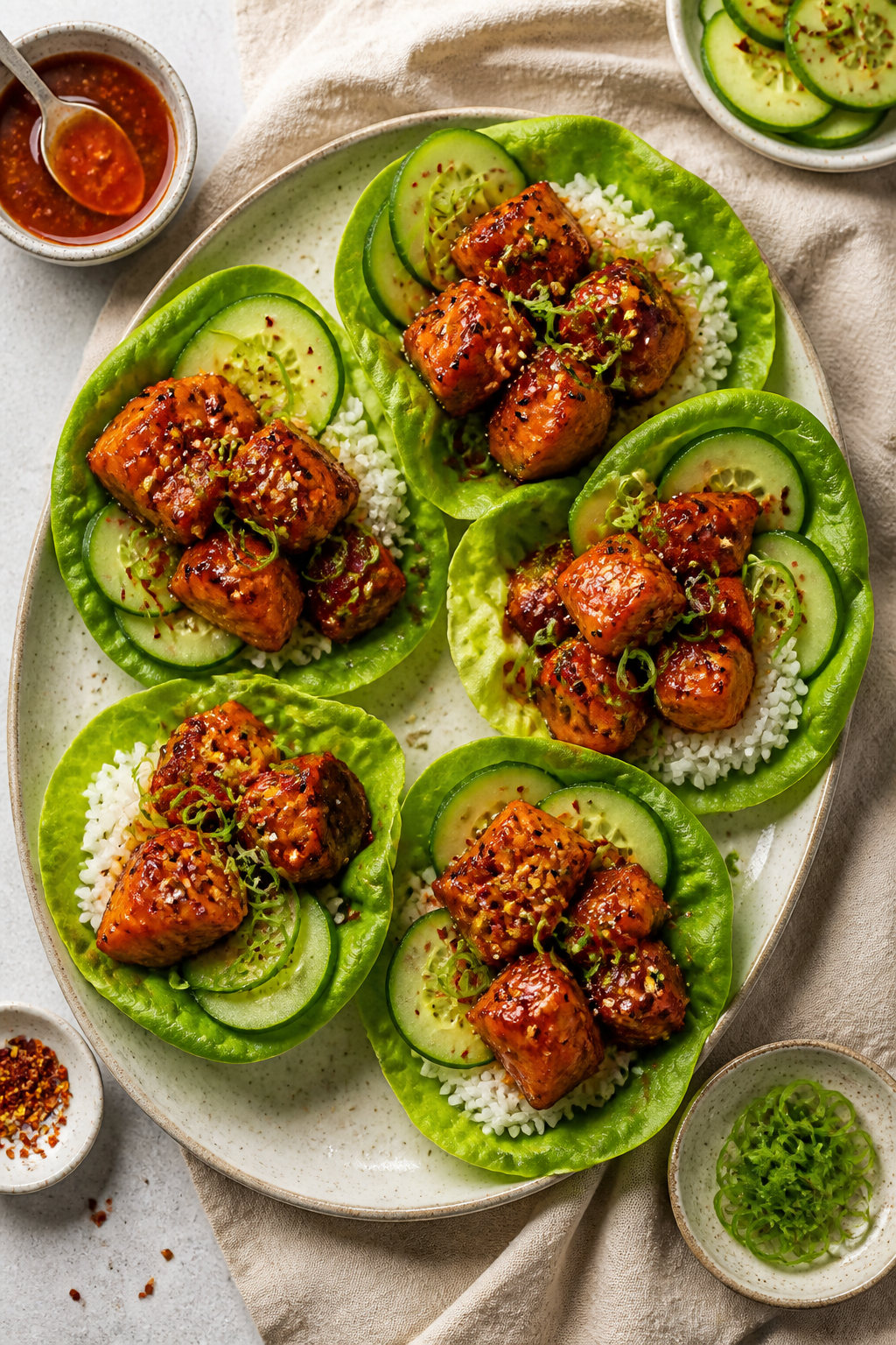 Tasty top view (overhead): Overhead shot of salmon bites arranged in butter lettuce cups with steame