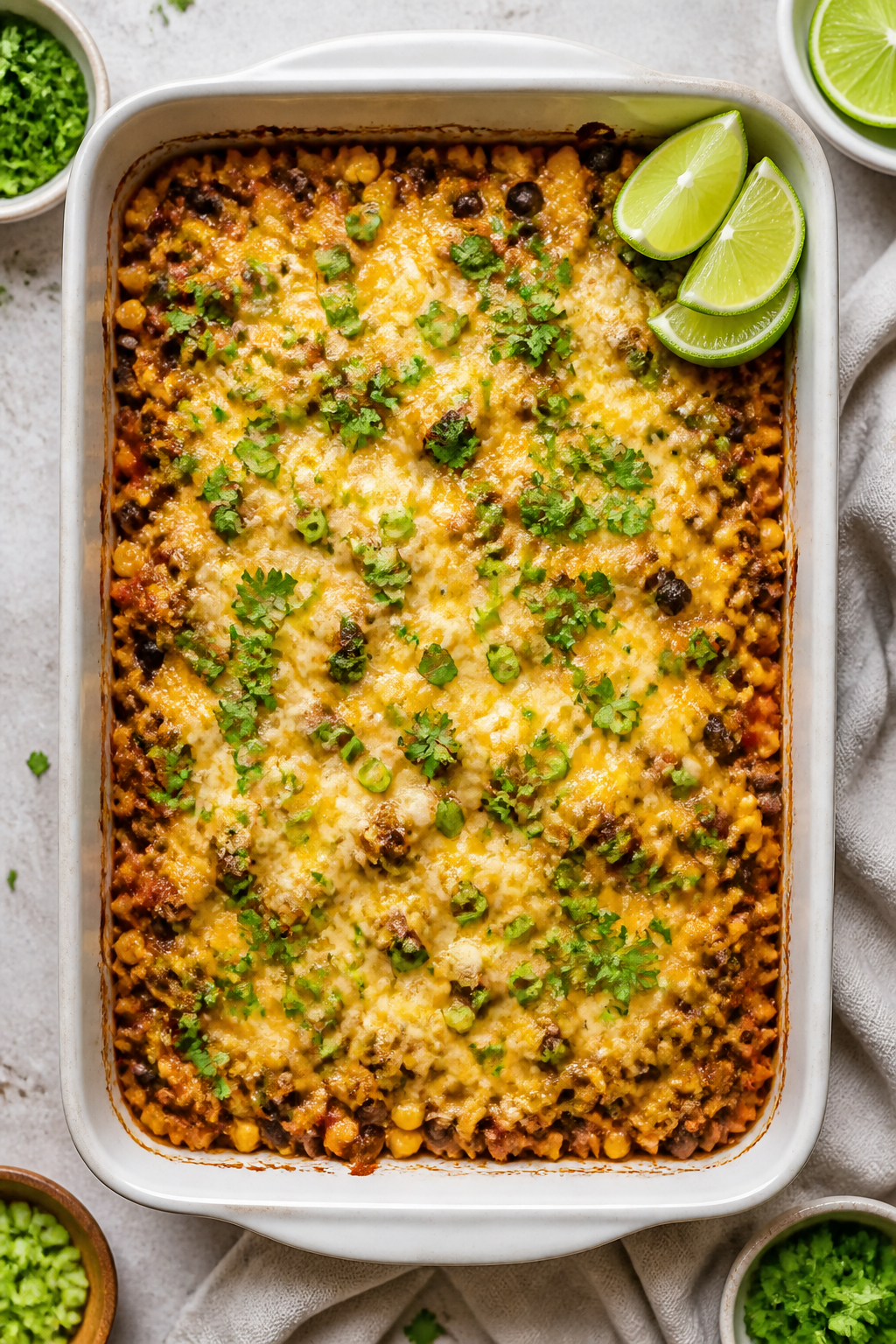 Tasty top view, overhead: Overhead shot of the baked High Protein Turkey Taco Casserole in a 9x13 pa
