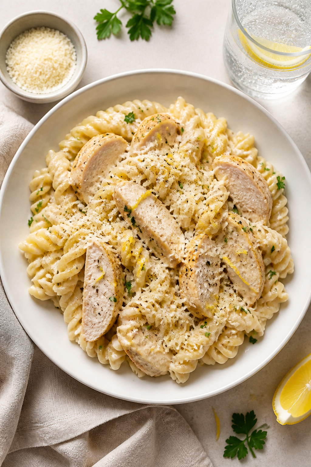 Tasty top view: Overhead plating of Low Calorie Chicken Alfredo Protein Pasta in a wide, shallow whi