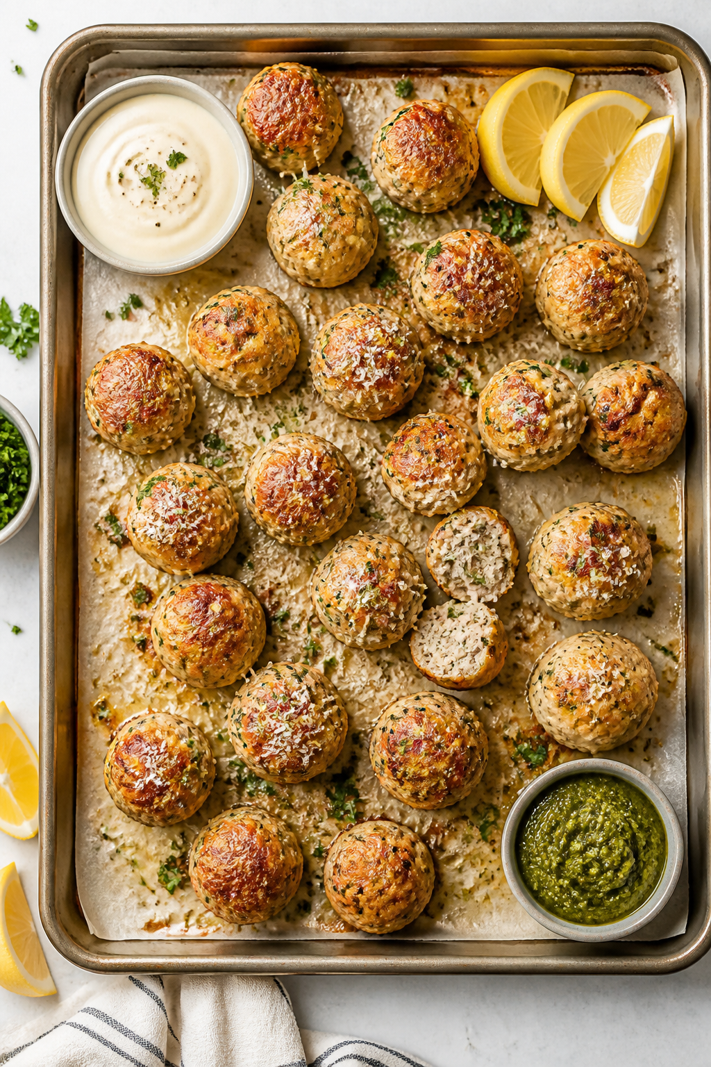 Tasty top view (overhead): Sheet pan-baked Garlic Parmesan chicken meatballs on parchment, evenly ca
